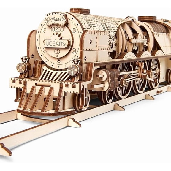 UGEARS V-Express Steam Train with Tender, Mechanical Wooden Model Kit, 3D Puzzle