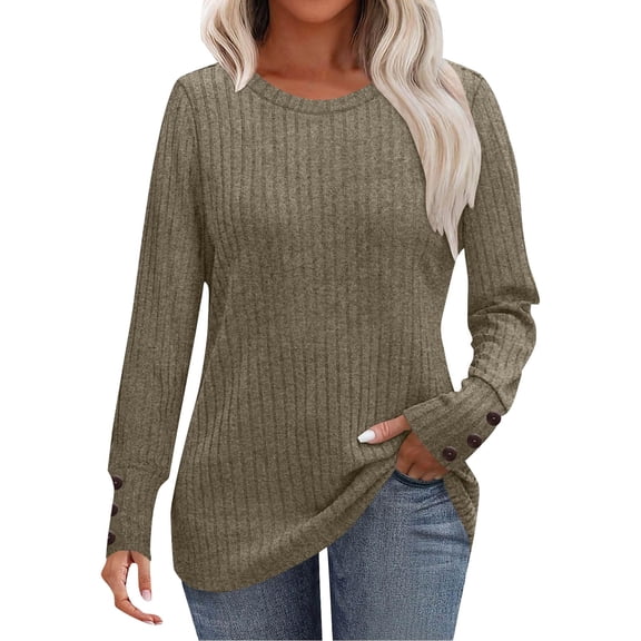 UGEASLI Crewneck Long Sleeve Shirts Fall Fashion Sweaters for Women Trendy Ladies Knitted Ribbed Tunic tops And Blouses Casual Loose Fit Fall Outfits, Khaki