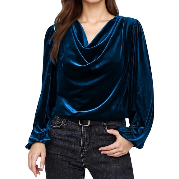 UGEASLI Mock Neck Sweatshirt Velvet tops for Women Trendy Puff V-Neck Long Sleeve Shirts Elegant Casual Satin Blouse Business Early Fall Fashion Outfits, Dark Blue