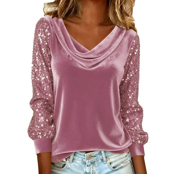 UGEASLI Women'S Sequin tops V Neck Long Sleeve Glitter Sparkly Blouse Velvet tops for Evening Party Night Fall Fashion Sweaters for Women Trendy, Pink