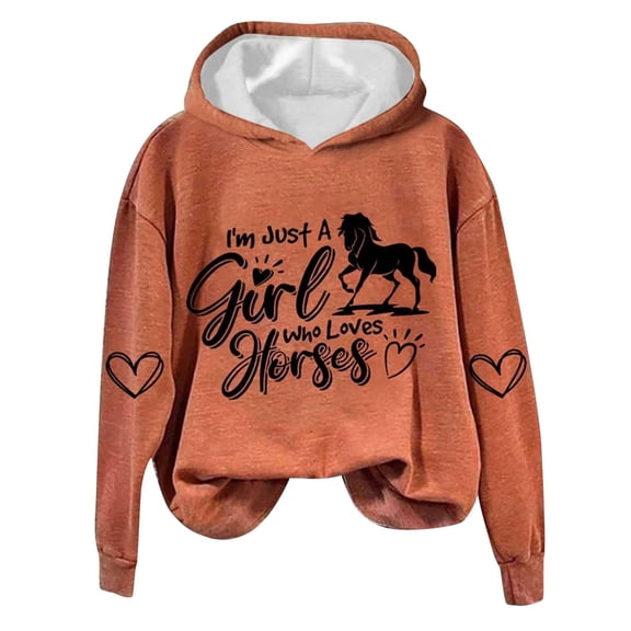 UGEASLI Women's Hoodie Pullover - Casual Loose Fit Long Sleeve Sweatshirt with Graphic Horse Design, Crewneck Hooded top with Pockets Pockets & Drawstring Hood Fall Outfits, Orange