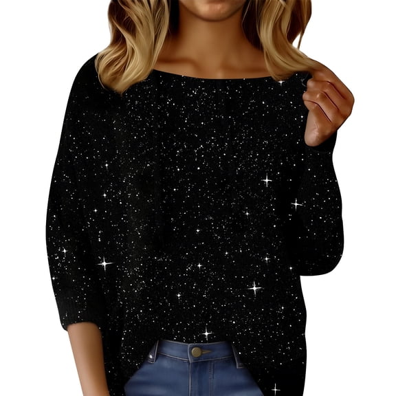 UGEASLI Women's Sequin Long Sleeve Off The Shoulder Sweater Glitter top Slimming Party Shirt Sparkly Crewneck Pullover Warm Soft Tunic for Fall Winter Holiday Party Casual Wear, Black