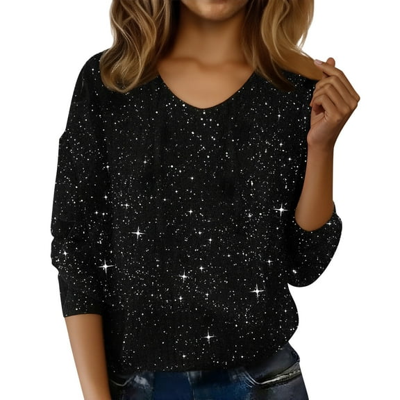 UGEASLI Women's Sequin Sweater Long Sleeve V Neck Glitter Pullover tops for Women, Winter Knitted Sparkly Crewneck Party Shirt Basic Casual Tunic Soft Fall Fashion Outfits, Black