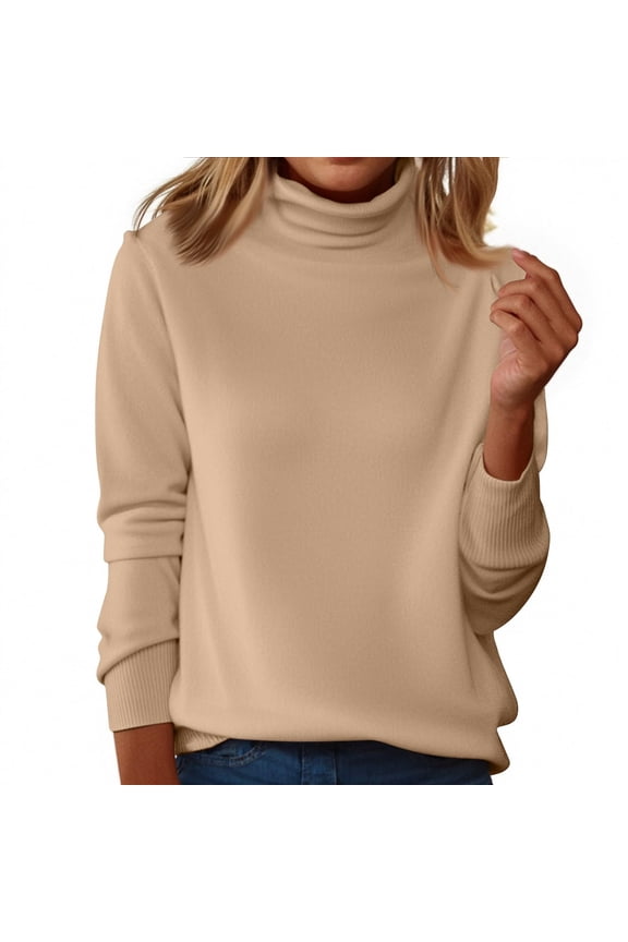 Long Sleeve Shirts Blouses for Women Dressy Casual Mock Neck Wicked Sweatshirt Turtleneck Sweater Knitted Pullover Sweater Wool Coats Winter Fall Outfits, Khaki