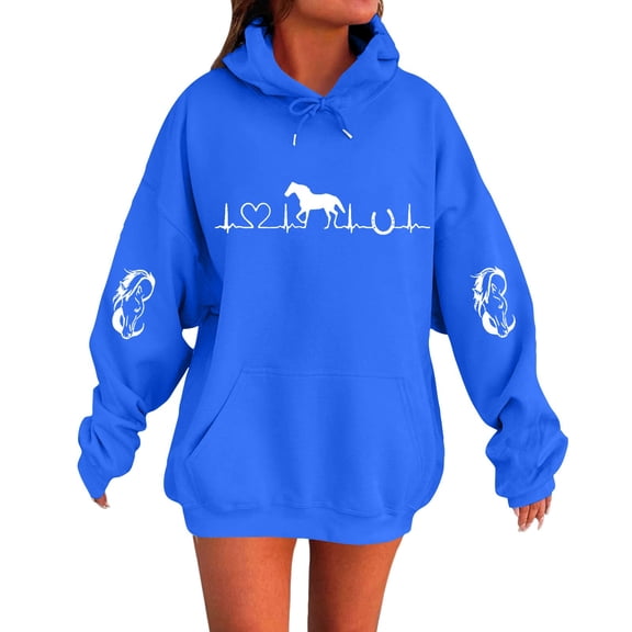 UGEASLI Women's Western Horse Printed Hoodie Pullover, Cute Fall Graphic Sweatshirt with Pockets Long Sleeve Casual top, Loose Fit Hooded Sweatshirt for Women, Streetwear Soft Fleece, Blue