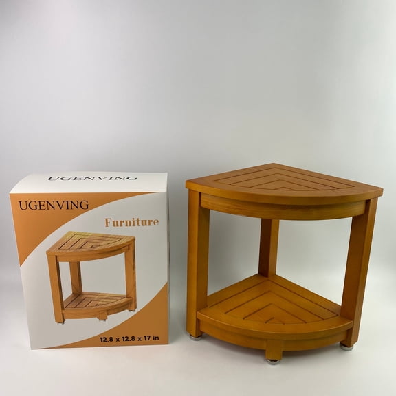 UGENVING Furniture, Corner Shower Stool, Wooden Corner Shower Bench for Shaving Legs Inside Shower, Waterproof Shower Foot Rest with Storage Shelf, Shower Seats and Benches