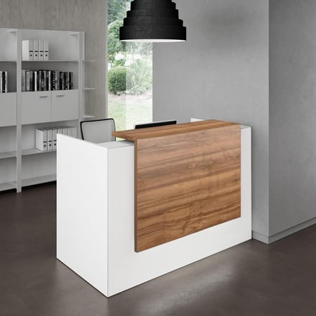 UGOS ICON 55" Modern Reception Desk w Transaction Counter, Laminate Desktop, Front Desk, Multifunctional Standing Table for Home, Office, Salon, Spas, and Lobby (White-Teak)