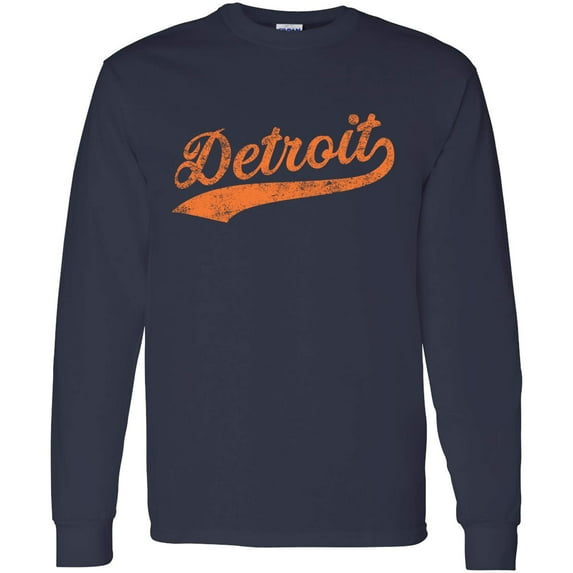 UGP Campus Apparel Detroit Baseball Script - Hometown Pride, Pitcher Long Sleeve T Shirt - Large - Navy