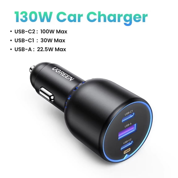 UGREEN 130W USB-C Car Charger, 3-Port PD Fast Charging for iPhone Samsung Laptops