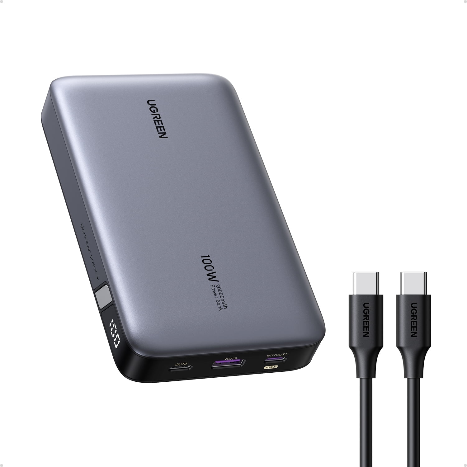 UGREEN Power Bank, 20,000mAh Portable Charger with 100W USB-C PD 3.0, Digital Display, for MacBook, iPhone, Samsung, and More (Flight-Approved)
