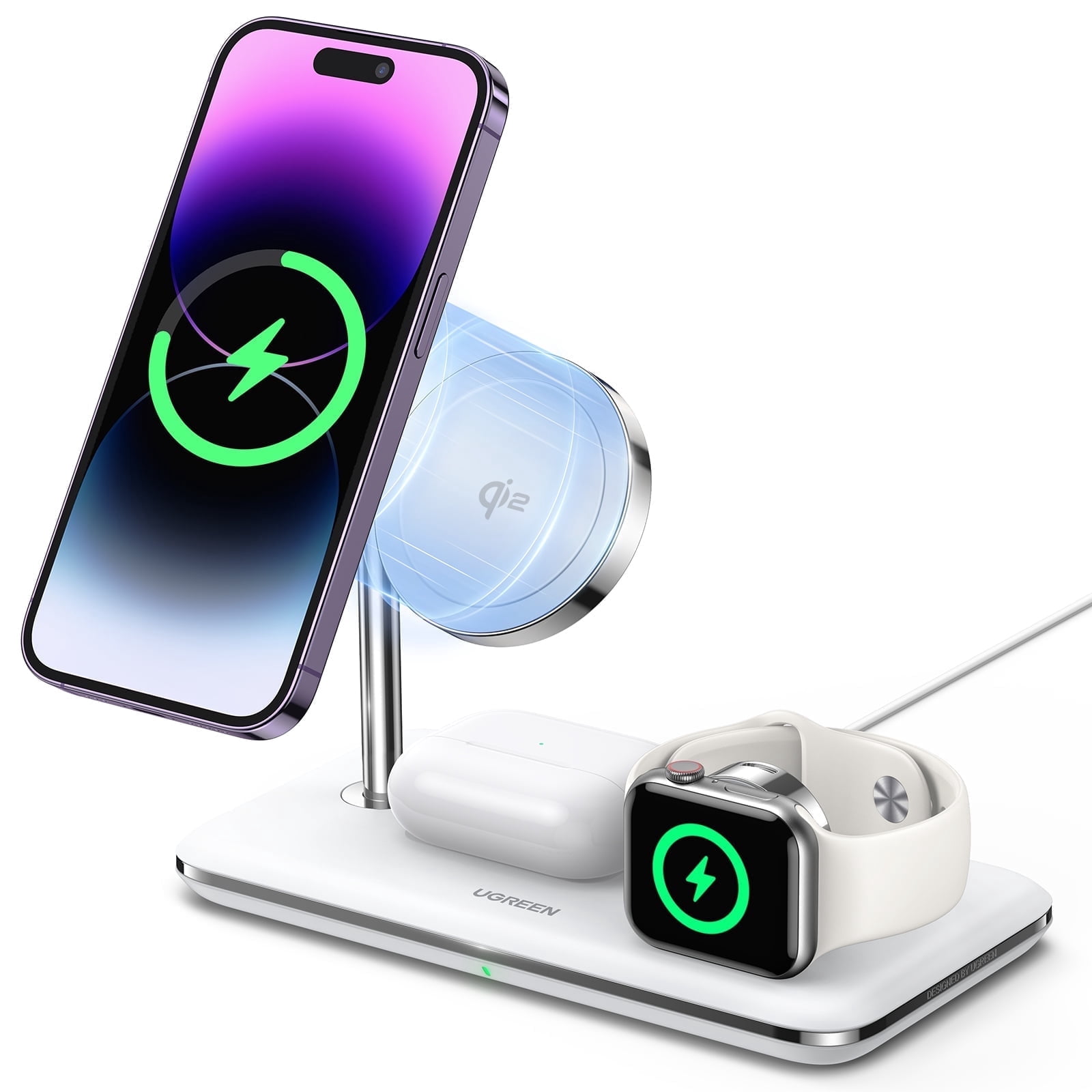 UGREEN 3-in-1 Wireless MagSafe Charging Station Compatible for iPhone 12-16, Compatible for Apple Watch, Compatible for AirPods, White
