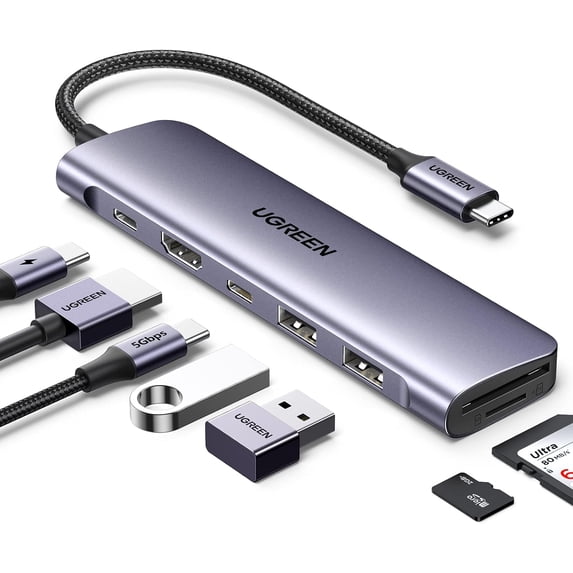 UGREEN 6 in 1 USB C Hub, Docking Station, 3* USB 3.0 Ports, 4K HDMI, SD/TF Card Reader, Plug and Play for USB-C Laptops, Tablets, Phones