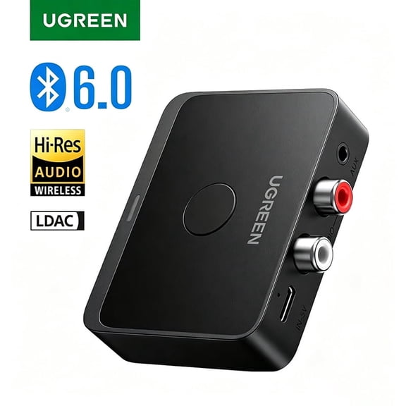 UGREEN Bluetooth 6.0 Audio Receiver, LDAC AAC Hi-Res Hi-Fi Wireless Adapter with 3.5mm AUX & Dual RCA, 15-Hour Battery for Car Stereo, Home Speakers, PC