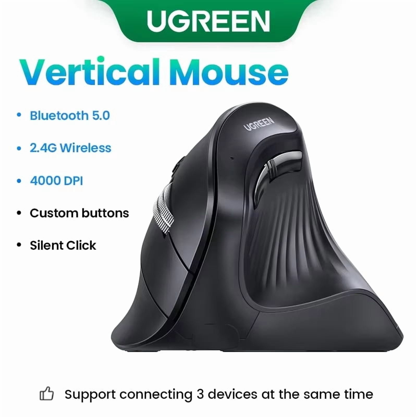 UGREEN Ergonomic Vertical Wireless Mouse, Bluetooth 5.0 & 2.4GHz, 4000 DPI, 6 Mute Buttons, Compatible with PC, MacBook, Laptop, Tablet