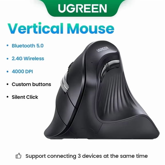 UGREEN Ergonomic Vertical Wireless Mouse, Bluetooth 5.0 & 2.4GHz, 4000 DPI, 6 Mute Buttons, Compatible with PC, MacBook, Laptop, Tablet