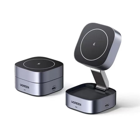 UGREEN MagFlow 2-in-1 Foldable Magnetic Wireless Charger Station, Adjustable Angle Portable Travel Design for iPhone 17-12 Series & AirPods, USB-C Cable Included