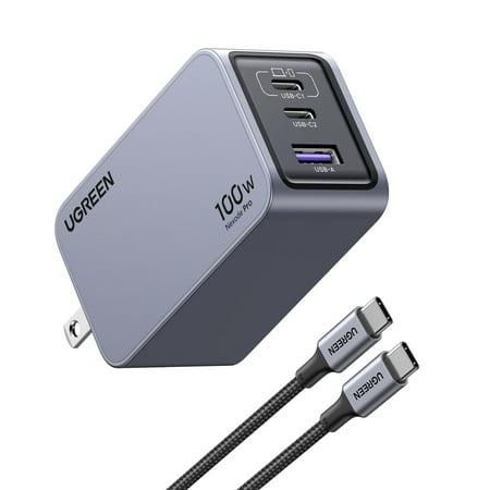 UGREEN - Nexode Pro 100W Fast GaN Charger Kit for MacBook, Smartphone and Tablet, Includes 100W C to C Cable - Space Gray