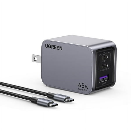 UGREEN - Nexode Pro 65W Fast GaN Charger Kit for MacBook, Smartphone and Tablet, Includes 100W C to C Cable - Space Gray