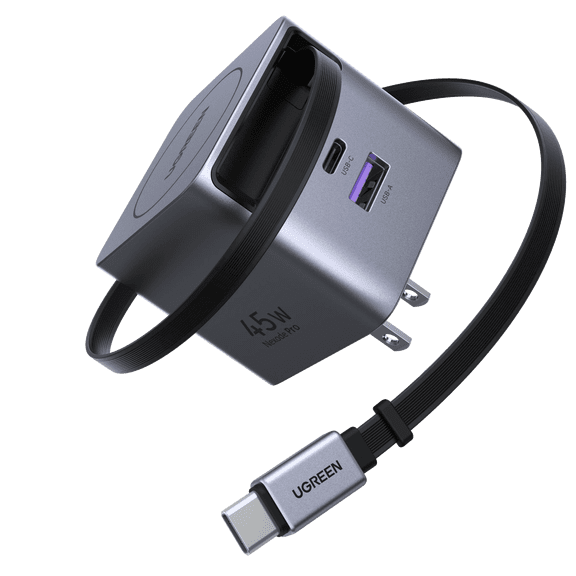 UGREEN Nexode Pro 45W USB C Charger with Retractable Cable, 3-Port Fast GaN Charger for iPhone Series, Cellphones, Tablets