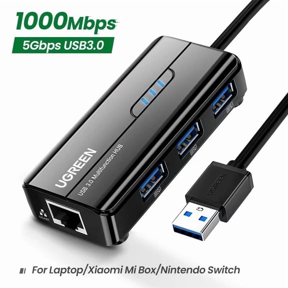 UGREEN USB 3.0 to Gigabit Ethernet Adapter with 3-Port USB Hub, 1000Mbps RJ45 Network Adapter for Laptop, Desktop, Nintendo Switch, Windows, Mac
