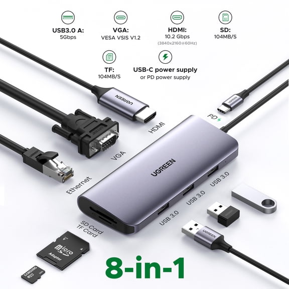 UGREEN USB Type-C Hub Adapter with HDMI, VGA, Gigabit Ethernet Port