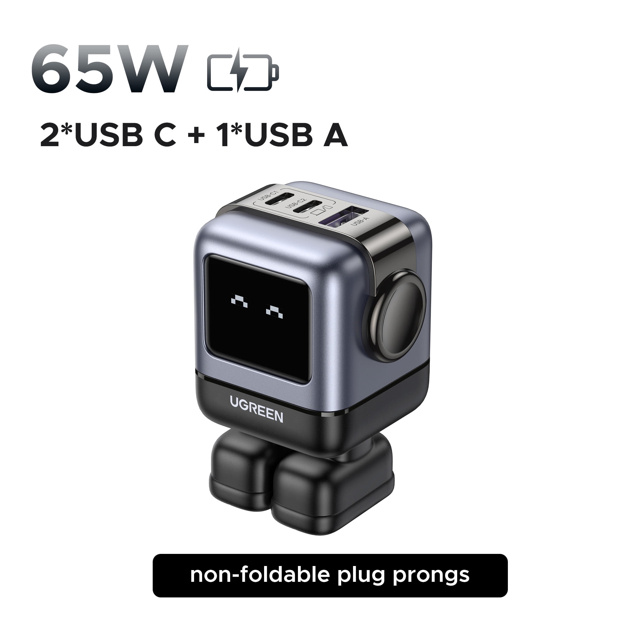 UGREEN Uno 65W USB C Charger, 3-Port Robot GaN Fast Charger, Black