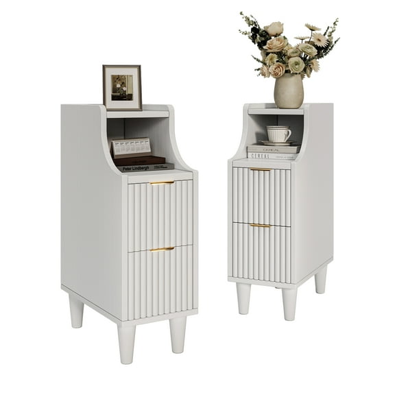TOKSOM 2PC Fluted Nightstands, Narrow Bedside Tables with 2 Drawers & Open Shelf, Farmhouse Modern End Table for Bedroom, Living Room, Office – White & Gold Accent