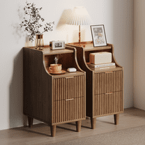 TOKSOM 2PC Narrow Nightstand, 11.8" Fluted Bedside Tables with 2 Drawers & Open Shelf, Slim Mid-Century Modern End Table for Bedroom, Living Room, Office – Walnut & Gold Accent