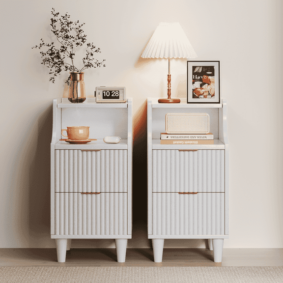 Oxirth 2PC Narrow Nightstand, 11.8" Fluted Bedside Tables with 2 Drawers & Open Shelf, Slim Mid-Century Modern End Table for Bedroom, Living Room, Office – White & Gold Accent