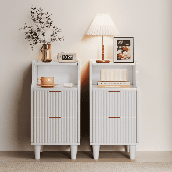 UGTOO 2PC Narrow Nightstand, 11.8" Fluted Bedside Tables with 2 Drawers & Open Shelf, Slim Mid-Century Modern End Table for Bedroom, Living Room, Office – White & Gold Accent