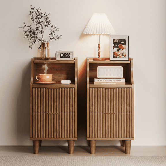 UGTOO 2PCS Walnut 2-Drawers Nightstand – Space-Saving Bedside Table with Open Shelf & Anti-Spill Rail, 50 lb Capacity (11.81"L x 15.75"W)