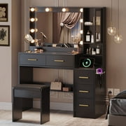 UGTOO 35.4" Black Makeup Vanity Desk with LED Mirror & Charging Station - Farmhouse Dressing Table, 5 Drawers, Wood Dresser for Bedroom/Apartment