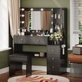 thumbnail image 1 of UGTOO 35.4" Modern Makeup Vanity Set with LED Lights & Charging Hub - Black/Wood Dressing Table, 5 Drawers, Stool, Convertible Desk for Small Spaces, 1 of 12