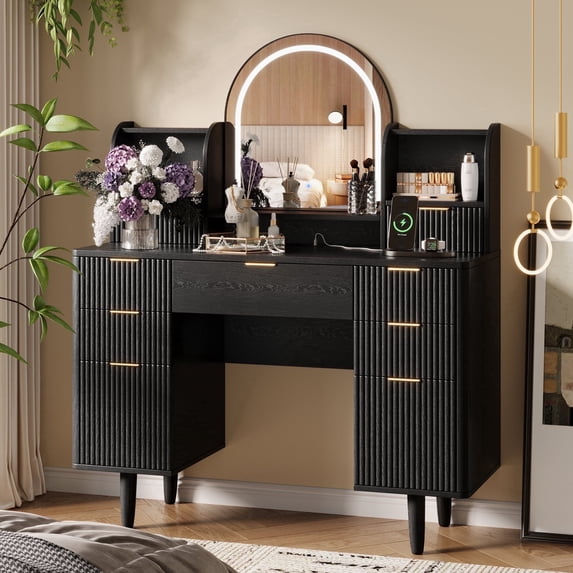 UGTOO 44.3" Makeup Vanity Desk with LED Mirror & 7 Drawers - Modern Wood Dressing Table Black, 3 Light Modes, Storage for Bedroom/Apartment