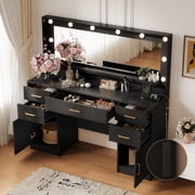 UGTOO 44.8 Black LED Vanity Desk with Hollywood Lights & Charging Station, Modern Makeup Table with 5 Drawers, 2 Cabinets & 3 Lighting Modes, Large Dressing Table for Women