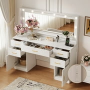 UGTOO 44.8" White LED Vanity Desk with Mirror & Charging Station, Modern Makeup Table with 5 Drawers, 2 Cabinets & 3 Lighting Modes, Large Dressing Table for Women Girls