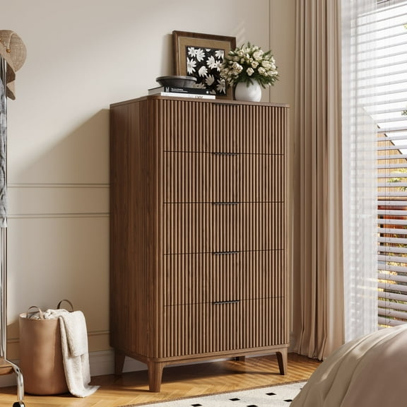 UGTOO 45.2"H Walnut 5-Drawers Chest, Tall Narrow Dresser for Bedroom & Living Room Space-Efficient Storage Cabinet with Smooth Drawers, Modern Organizer (25 lbs/Drawer)
