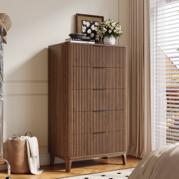 UGTOO 45.2" Tall Walnut 5-Drawer Chest, Narrow Dresser for Bedroom & Living Room, Modern Space-Saving Storage Cabinet with 25lb Capacity Rails