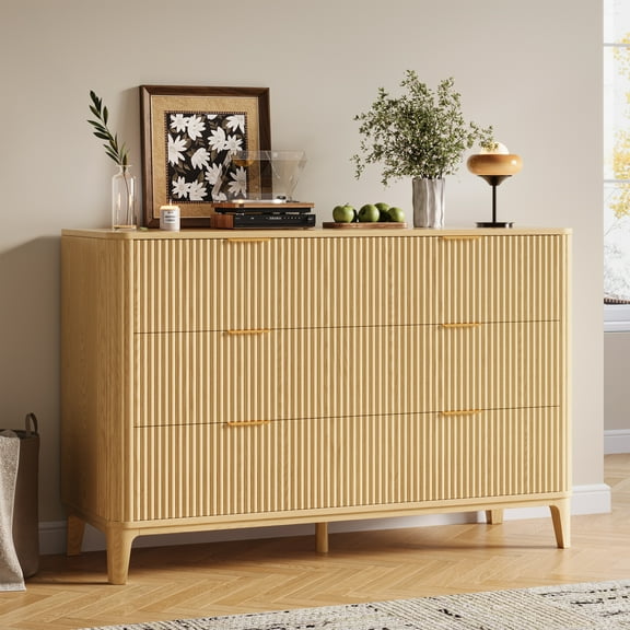 UGTOO 45.2"L 6-Drawers Dresser, Natural Wood Storage Cabinet for Bedroom & Living Room Slim Space-Saving Organizer with Smooth Gliding Drawers, 25 lbs/Drawer Capacity
