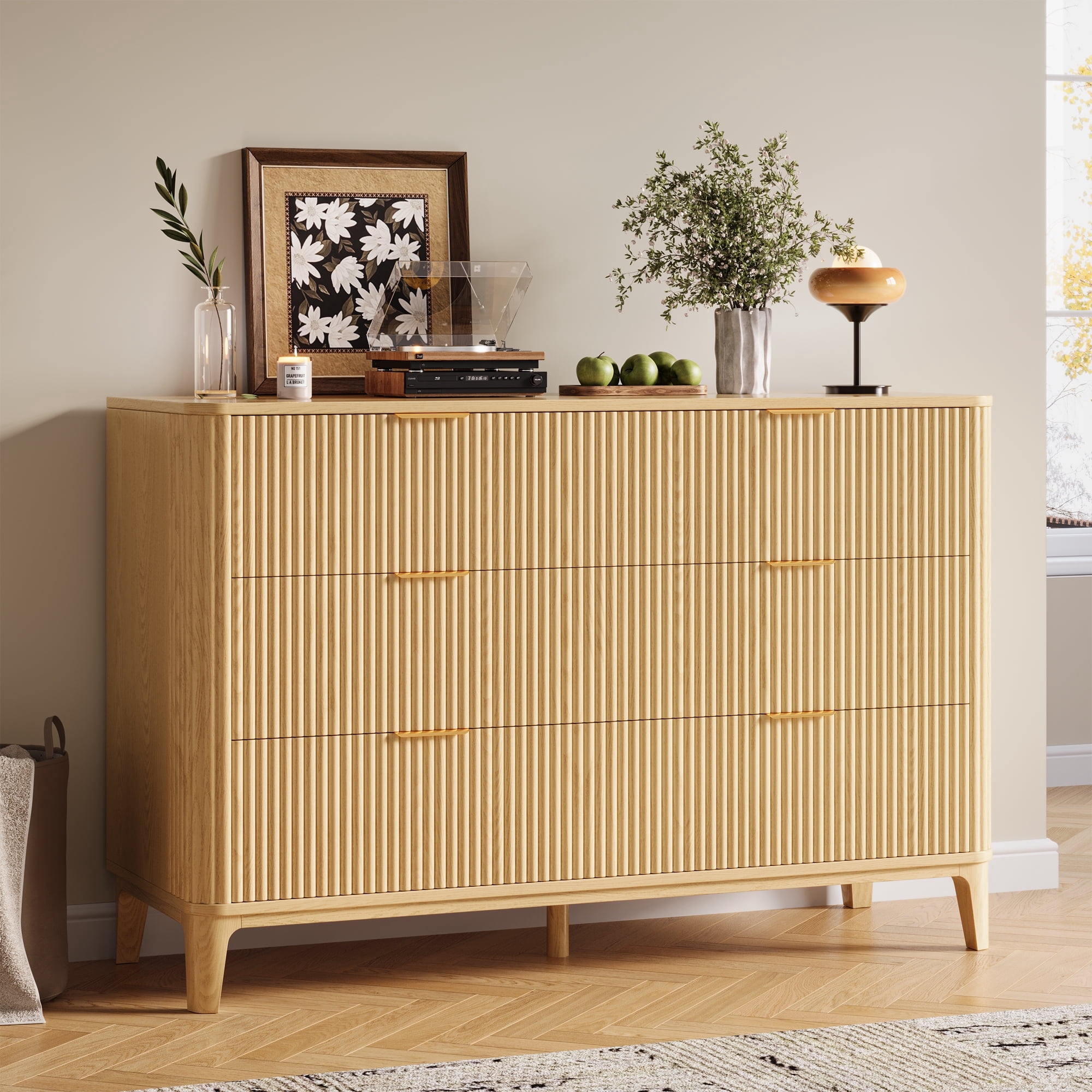 UGTOO 45.2"L 6-Drawers Dresser, Natural Wood Storage Cabinet for Bedroom & Living Room Slim Space-Saving Organizer with Smooth Gliding Drawers, 25 lbs/Drawer Capacity