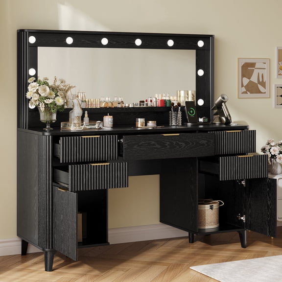 UGTOO 48.8" Black Vanity Desk with Lighted Mirror, Modern Makeup Table with 10 Bulbs, Charging Station, 5 Drawers & 2 Storage Cabinets, Fluted Panel Large Dressing Table Set for Bedroom