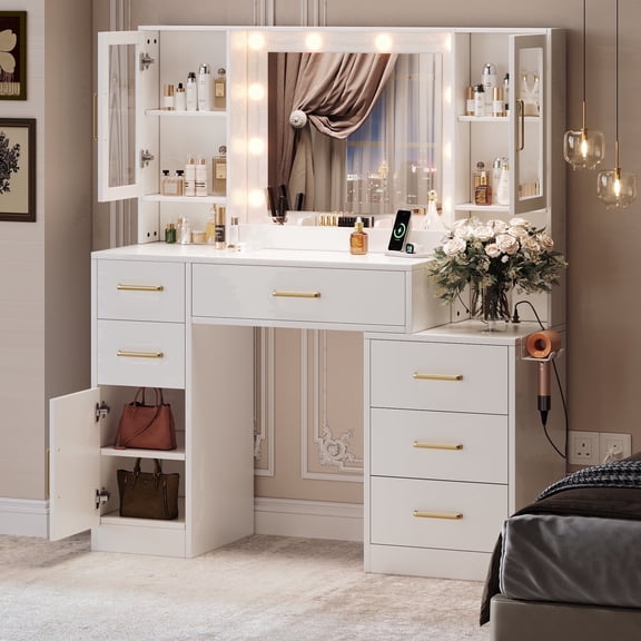 UGTOO 51" White Makeup Vanity Desk with Lights and Mirror, Modern Dressing Table with Charging Station, Bedroom Beauty Station with 6 Drawers, Acrylic Cabinets & 3-Color Lighting
