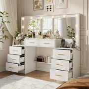 UGTOO 46.06" White Hollywood Makeup Vanity Desk with Lighted Mirror, 8 Drawers & Power Outlet – Large Dressing Table with 3 Lighting Modes, Ample Storage for Girls & Women
