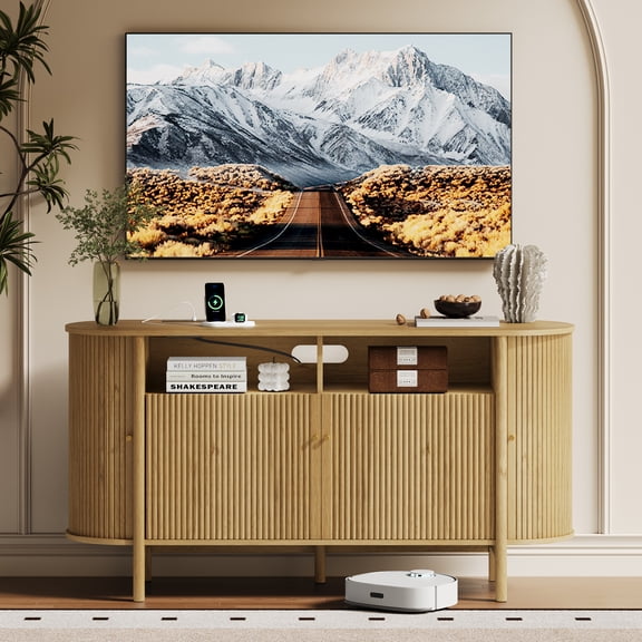 UGTOO 55" Natural Wood Sideboard Storage Cabinet, Modern Fluted Buffet Cabinet with Curved Edges, Accent Console Table TV Stand with Wire Hole for Entryway Living Room