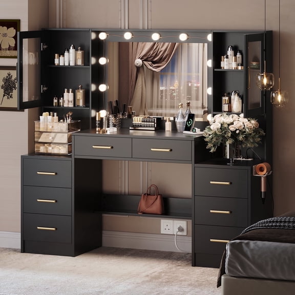 UGTOO 58.3" Large Vanity Desk with LED Lights, Black Makeup Dressing Table with Adjustable Brightness, Modern Bedroom Vanity with Mirror & Storage