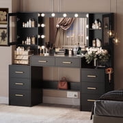UGTOO 58.3 Large Vanity Desk with LED Lights, Black Makeup Dressing Table with Adjustable Brightness, Modern Bedroom Vanity with Mirror & Storage