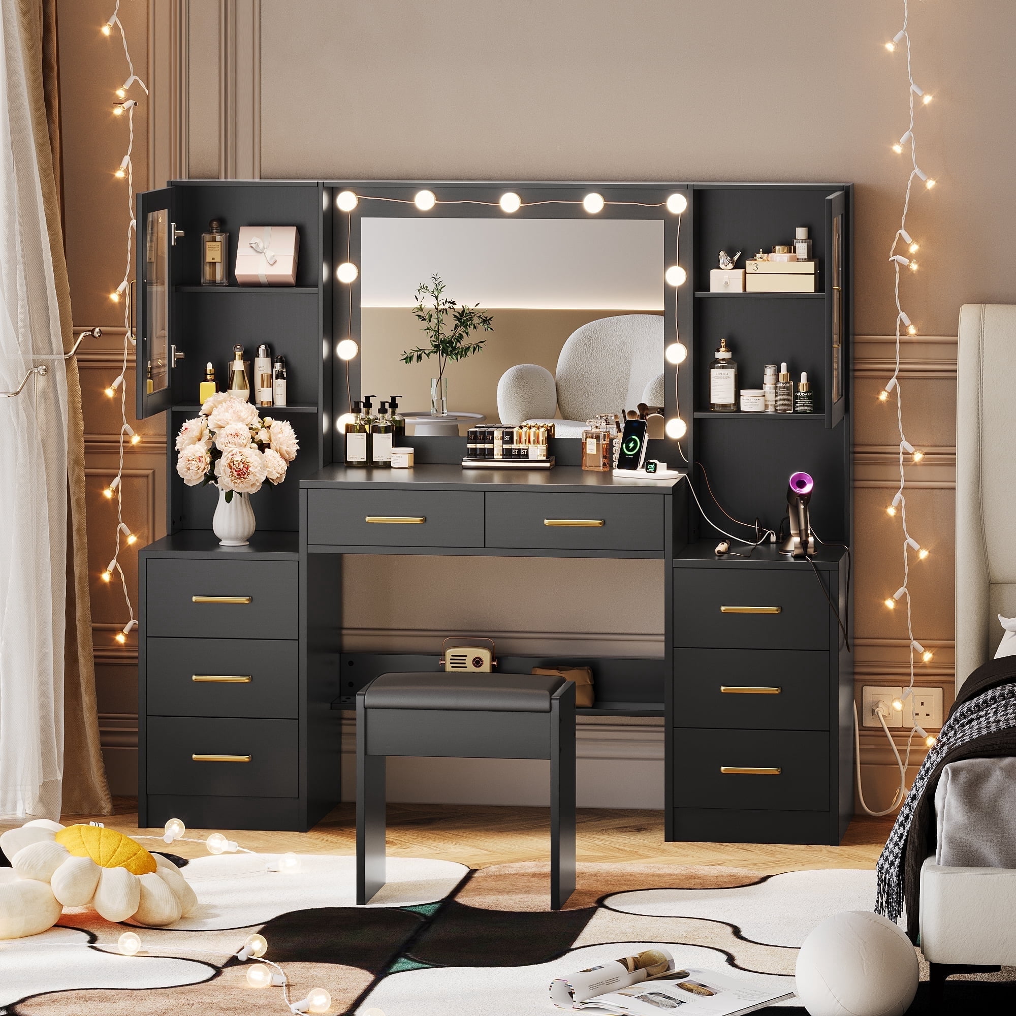 UGTOO 58.3" Large Vanity Desk with Mirror with Lights, Black Vanity Set ...