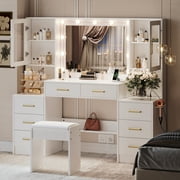 UGTOO 58.3" White Vanity Desk with Mirror, Adjustable Lighting, Power Outlet, Drawers, with Stool