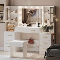 UGTOO 58.3" Large Vanity Desk with Mirror & Lights, Dressing Table With Power Outlet, Sturdy White Makeup Vanity Set with Stool Chair Adjustable Light