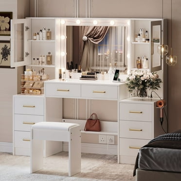 UGTOO 58.3" Large Vanity Desk with Mirror & Lights, Dressing Table With Power Outlet, Sturdy White Makeup Vanity Set with Stool Chair Adjustable Light
